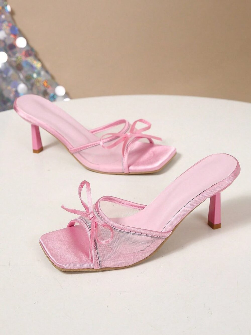 Pink Mesh Breathable Open Toe Stiletto Women's High Heel Sandals - Picture 6 of 8